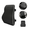 Black memory foam lumbar support pillow with non-slip backing shown in various views