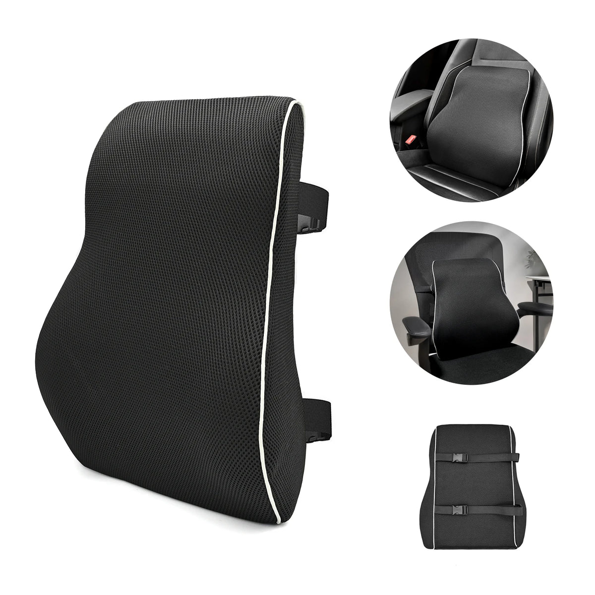 Black memory foam lumbar support pillow with non-slip backing shown in various views