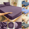 Purple universal fitted bed sheet set displayed on a bed and in various close-up shots.
