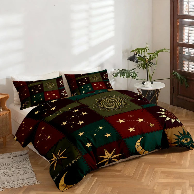 Gothic sun and moon patchwork bedding set featuring dark green, maroon, and gold patterns.