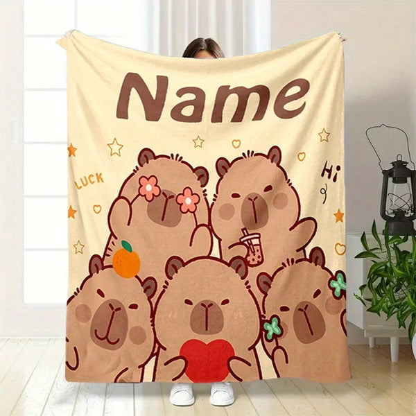 A beige flannel blanket featuring a graphic of several cute brown teddy bears and the word Name.