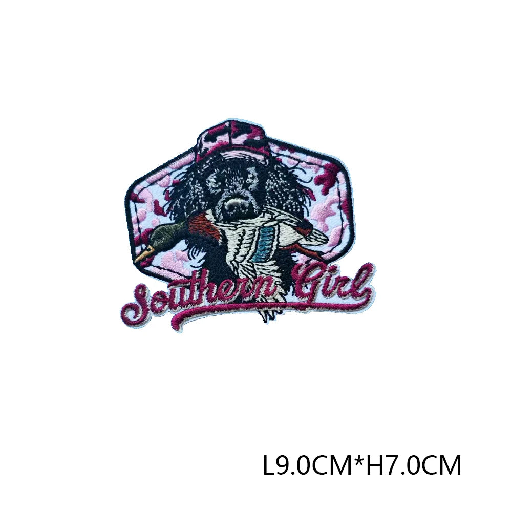 Iron-on embroidered letter patch featuring a black and white bird design with the text Southern Girl