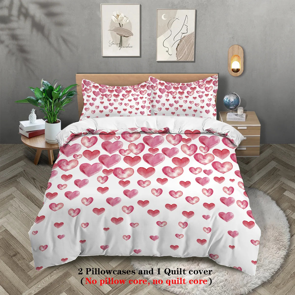 Pink heart patterned duvet cover and pillowcases with a quilt cover set