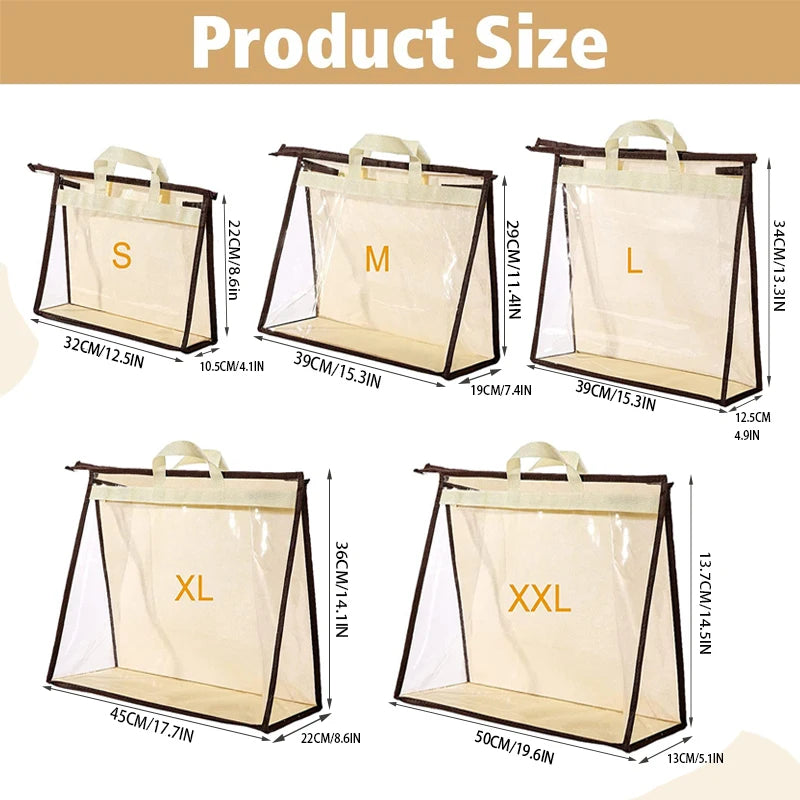 Product size chart showing various sizes S M L XL XXL of a dustproof storage bag for handbags with corresponding dimensions.