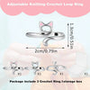 A set of three silver adjustable knitting crochet loop rings shown on a hand with an accompanying storage box.