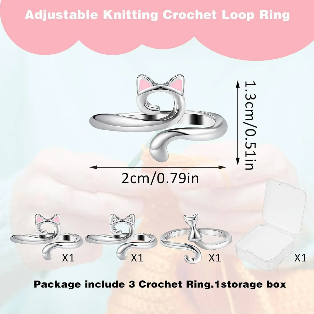 A set of three silver adjustable knitting crochet loop rings shown on a hand with an accompanying storage box.