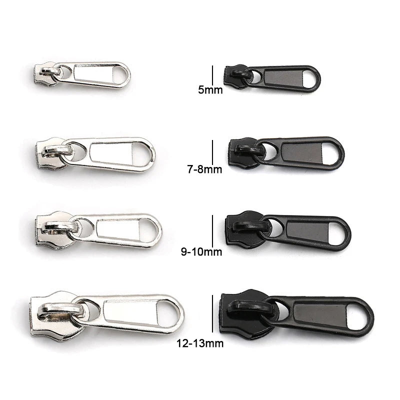 A set of universal zipper repair sliders in various lengths ranging from 5mm to 12-13mm.
