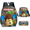 A black backpack and three Roblox themed stickers featuring the Roblox character avatar