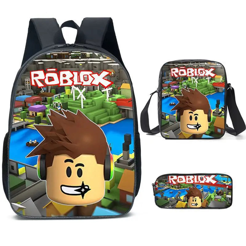 A black backpack and three Roblox themed stickers featuring the Roblox character avatar