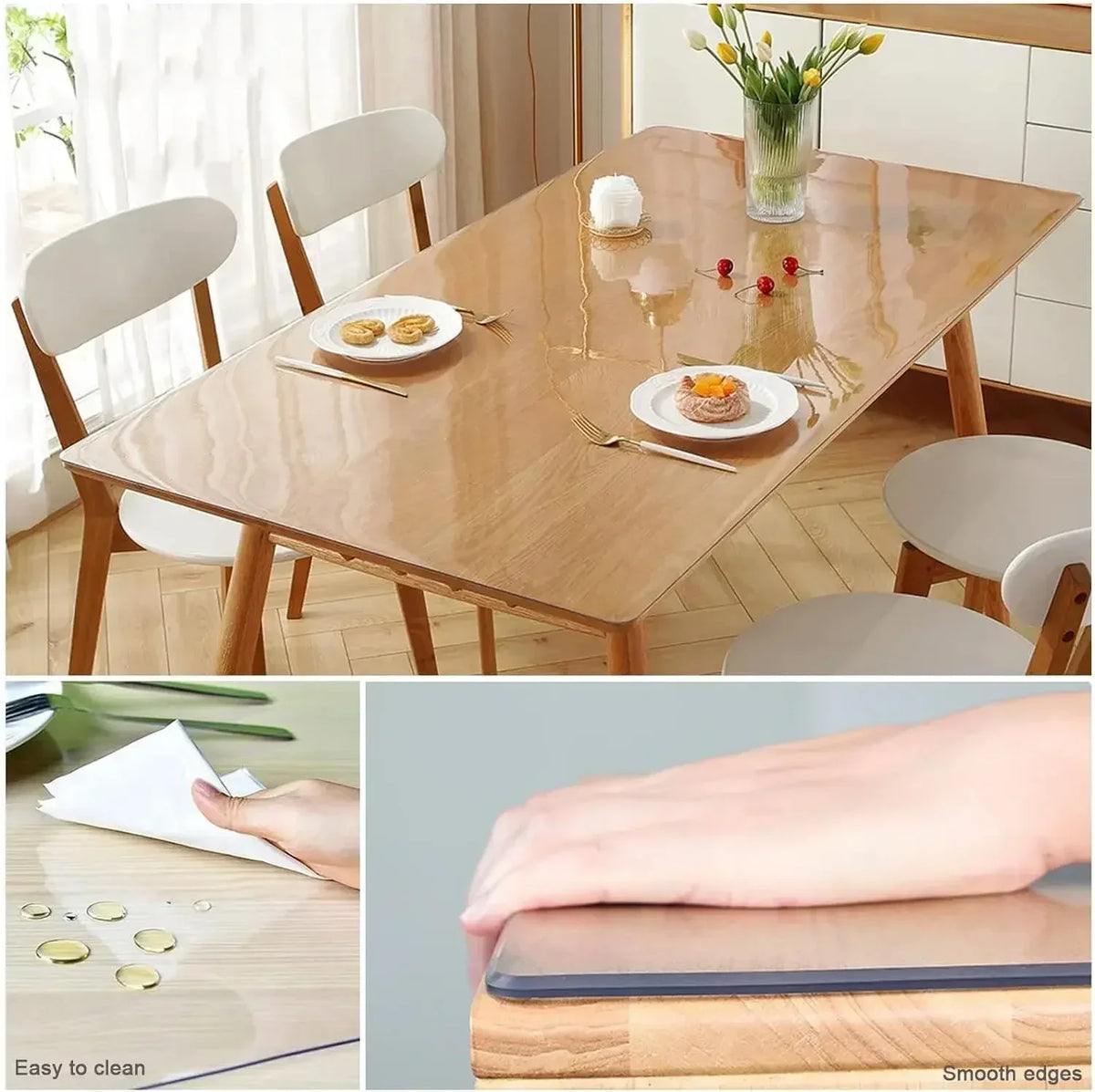 A wooden table with a clear heat-resistant PVC tablecloth protector and a tablet showing smooth edges.