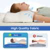 A person is lying down using a white ergonomic memory foam pillow with a cooling cover, demonstrating its support.