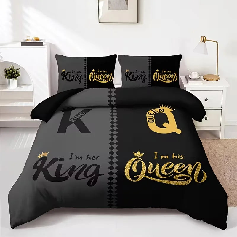 Black printed letter bedding set featuring gold text for King and Queen