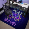 A dark blue gaming area rug featuring neon purple and yellow text that reads PLAY VR GAMES.