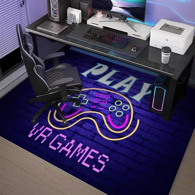 A dark blue gaming area rug featuring neon purple and yellow text that reads PLAY VR GAMES.