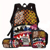 A black backpack and matching pouch featuring a graphic print design with graffiti style text and checkered patterns.