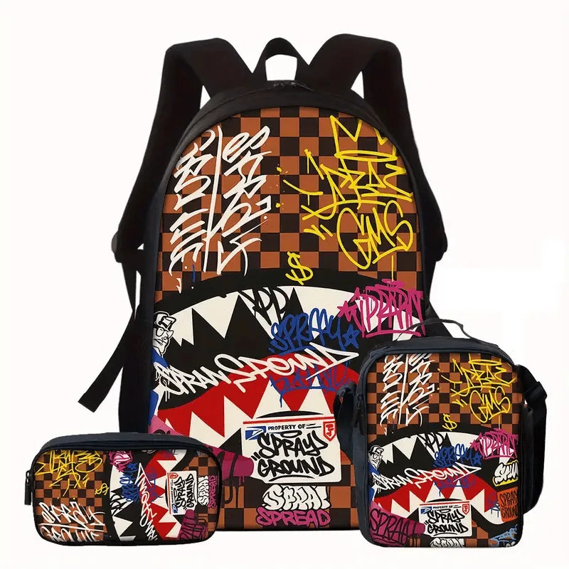 A black backpack and matching pouch featuring a graphic print design with graffiti style text and checkered patterns.