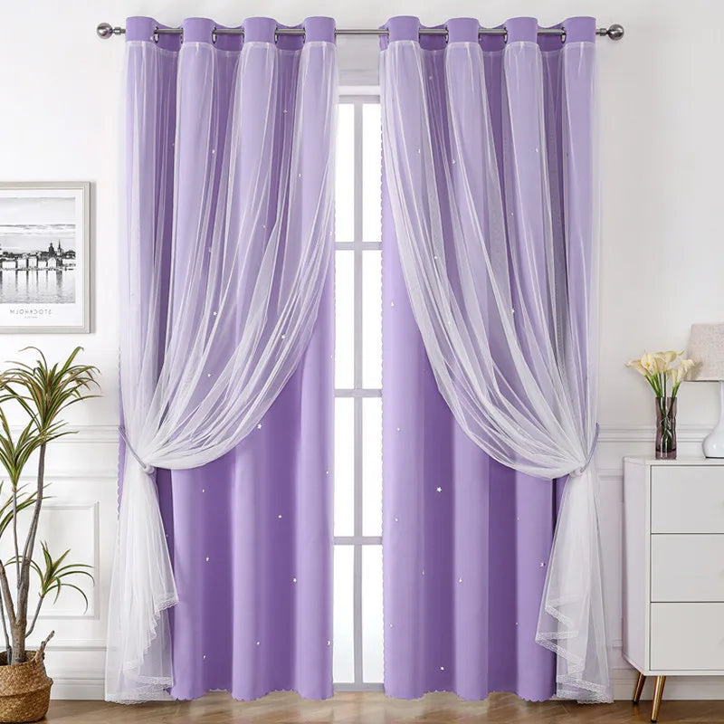 Purple luxury double-layer decorative curtains hanging in a window frame