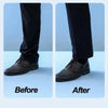 Before and after comparison of iron-on hem tape application on dark pants.