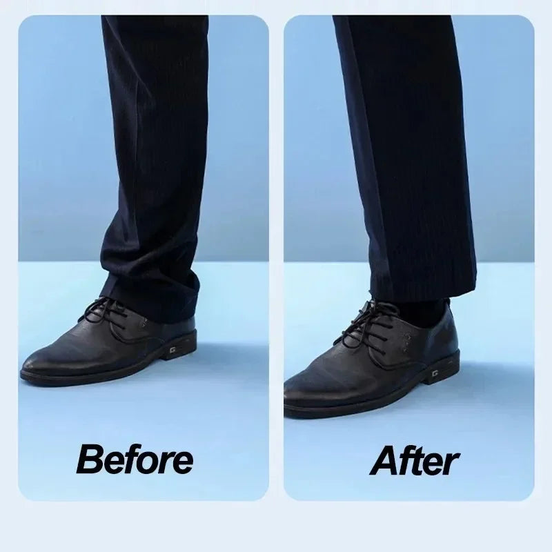 Before and after comparison of iron-on hem tape application on dark pants.
