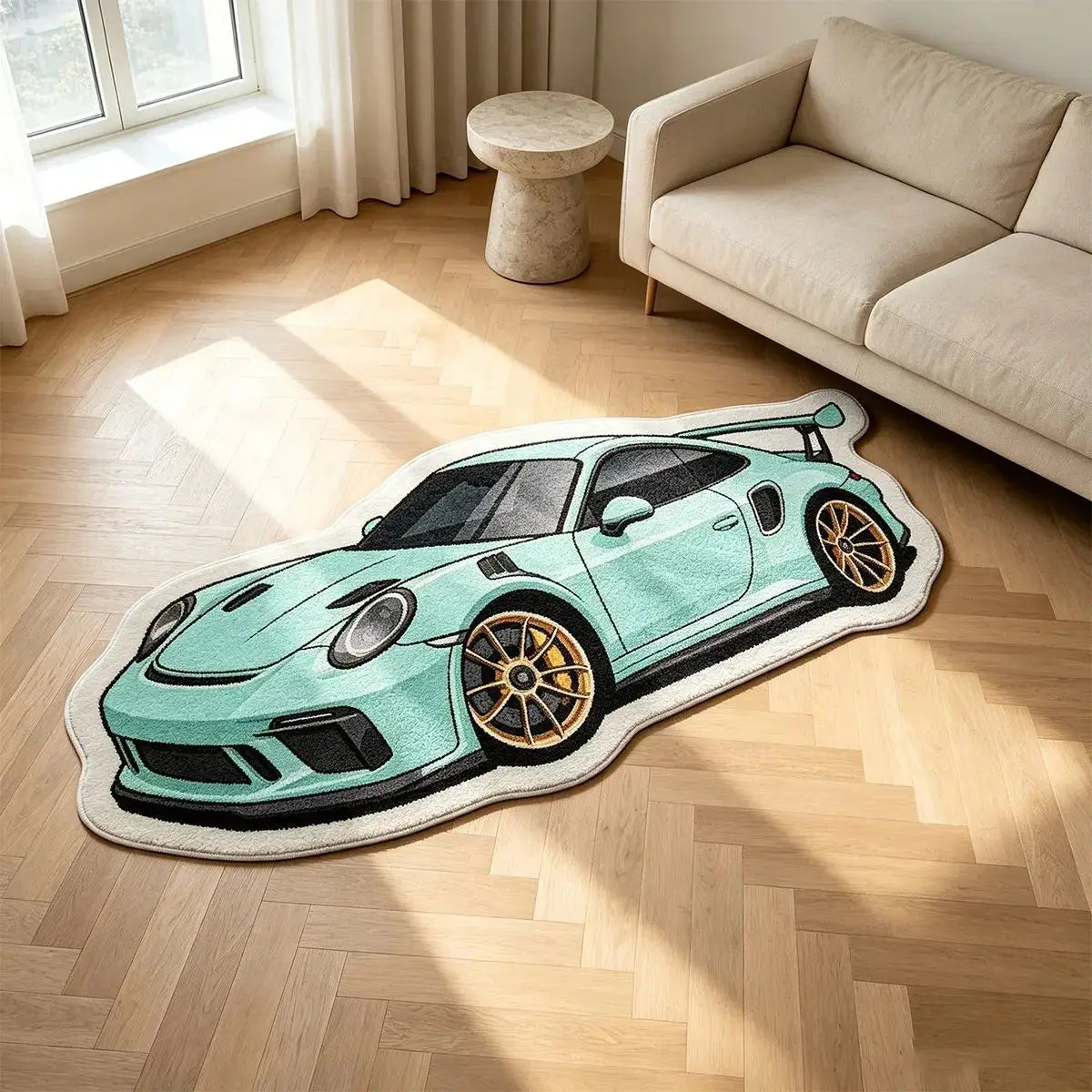 A plush rug shaped like a light blue sports car lying on a wooden floor.