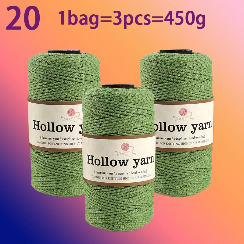 Three spools of Hollow yarn, green color, packaged for knitting and crochet projects.