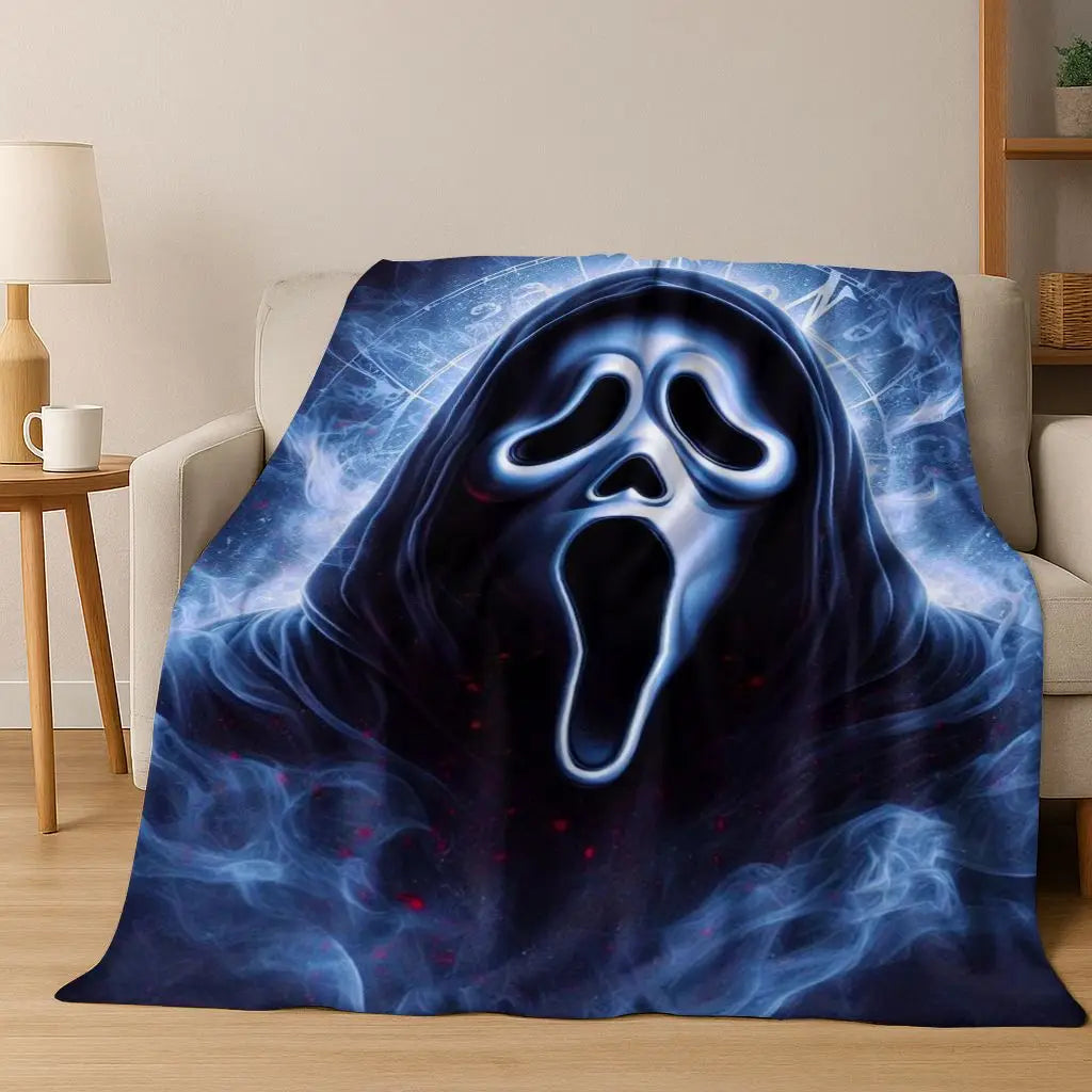 A dark blue horror character ghost design printed on a soft throw blanket.