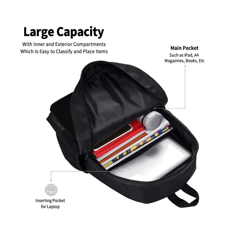 Black cartoon kids backpack set with inner and exterior compartments for organizing items