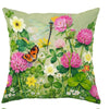A floral pattern featuring pink and yellow flowers, green leaves, and a dragonfly on a light green background.
