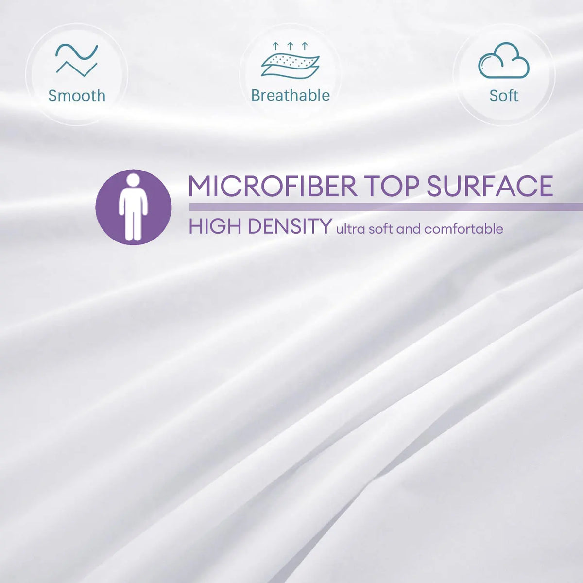 Close-up of a white microfiber top surface pillow protector cover highlighting smooth, breathable, and soft features.