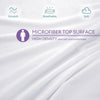 Close-up of a white fabric showing features like smooth, breathable, and soft texture on a microfiber top surface.