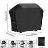 Black heavy duty waterproof BBQ grill cover shown with various sized grilling equipment.