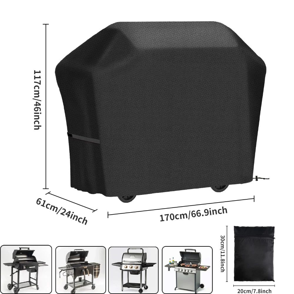 Black heavy duty waterproof BBQ grill cover shown with various sized grilling equipment.
