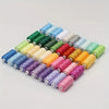 A fan arrangement of 100 colored polyester sewing threads in various shades of green, blue, yellow, and pink.