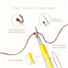 Diagram showing four main features of a seam ripper including a sharp blade, safety ball, and storage option.