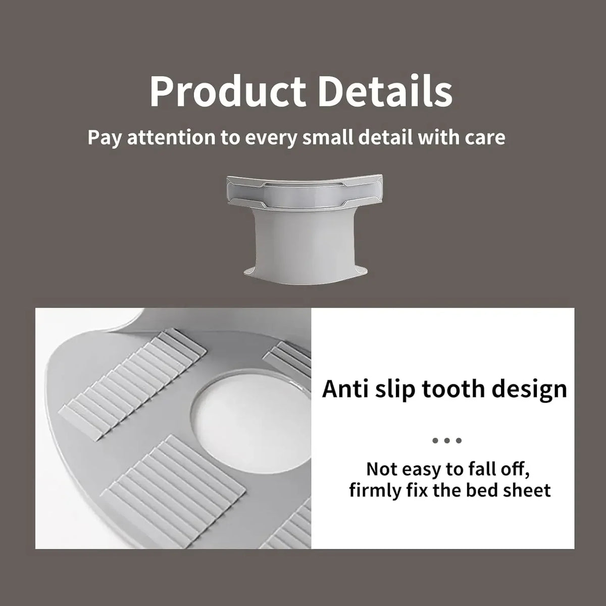 A white bed corner sheet gripper is shown, highlighting its anti-slip tooth design for firmly fixing a bed sheet.