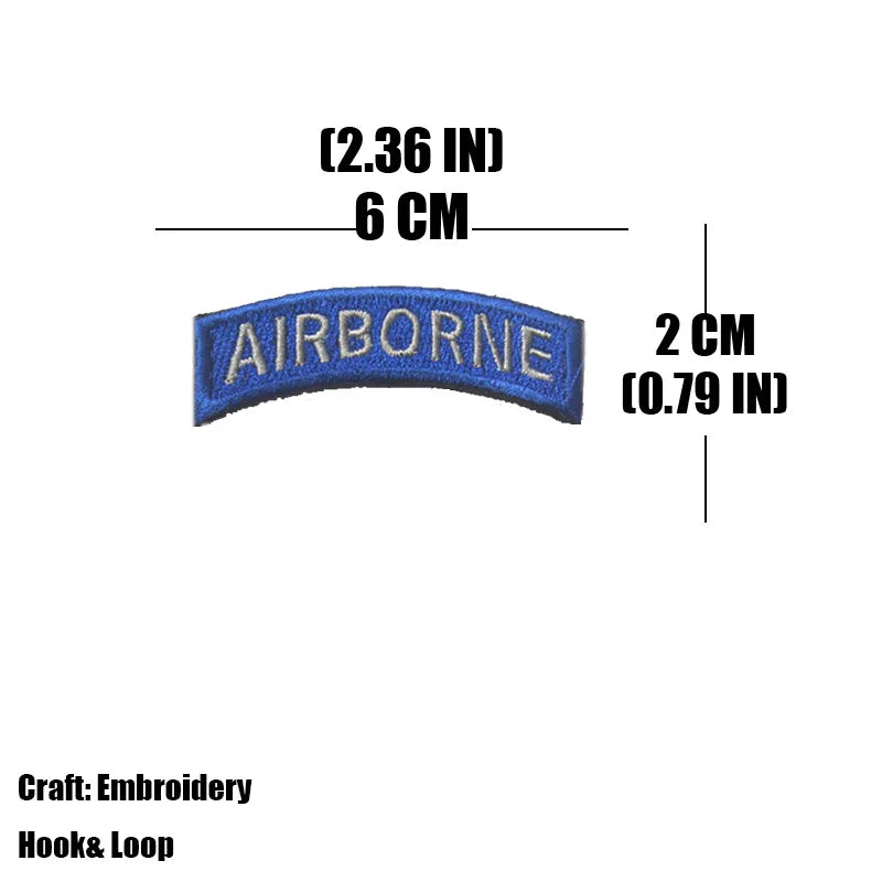 Blue embroidered Airborne patch measuring 2.36 inches (6 cm) with a 2 cm (0.79 in) hook and loop backing.