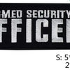 Black embroidered security officer patch with silver lettering and size specifications.