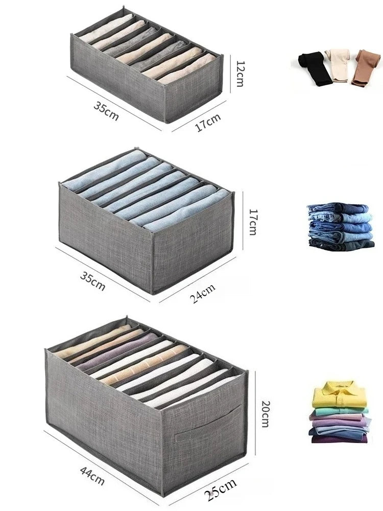 A gray foldable drawer organizer with multiple compartments for storing undergarments and accessories.
