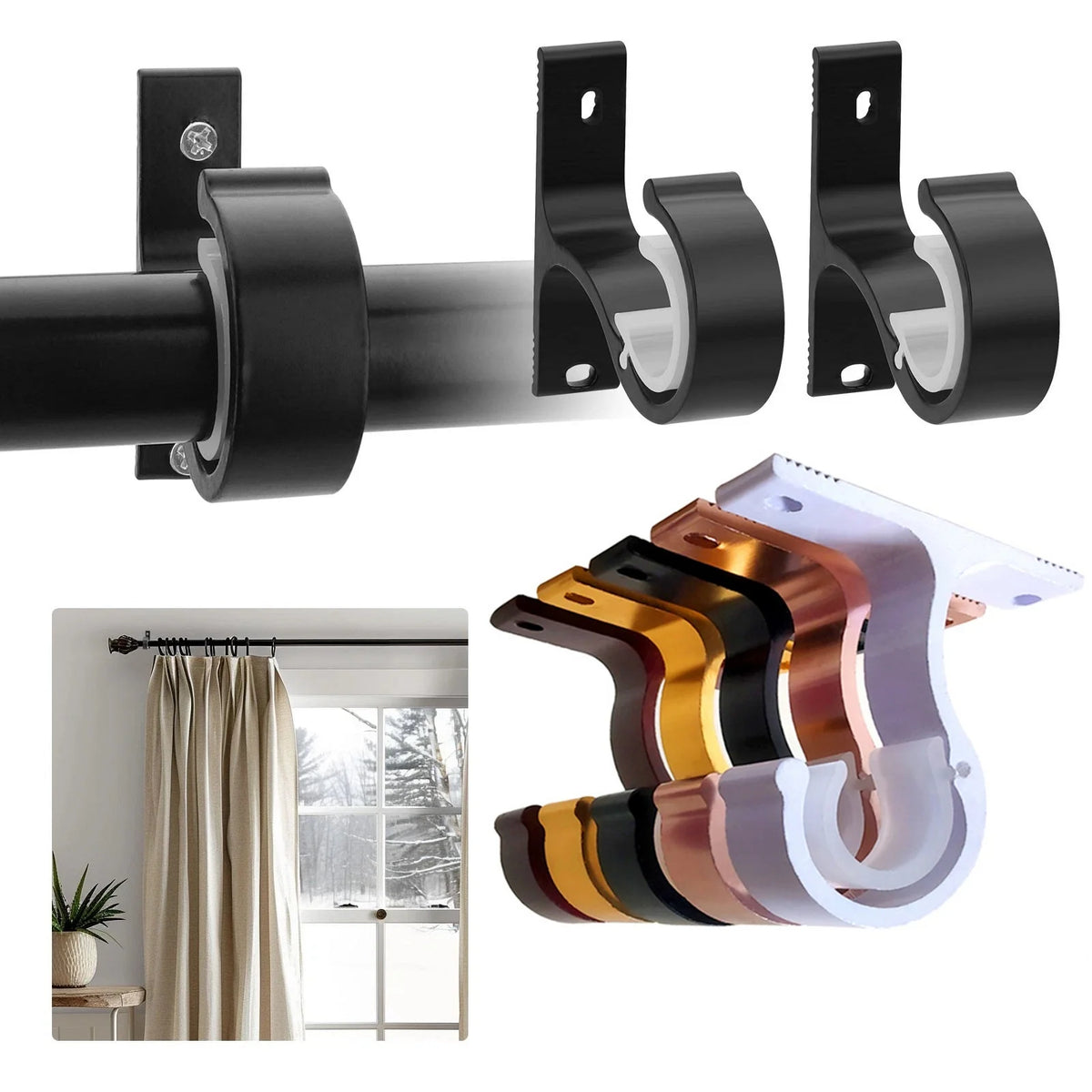 Black heavy-duty curtain rod brackets and hooks with decorative finish and white mounting plates.
