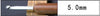 A close-up view of a silver crochet knitting needle with a wooden handle, labeled as 5.0mm.
