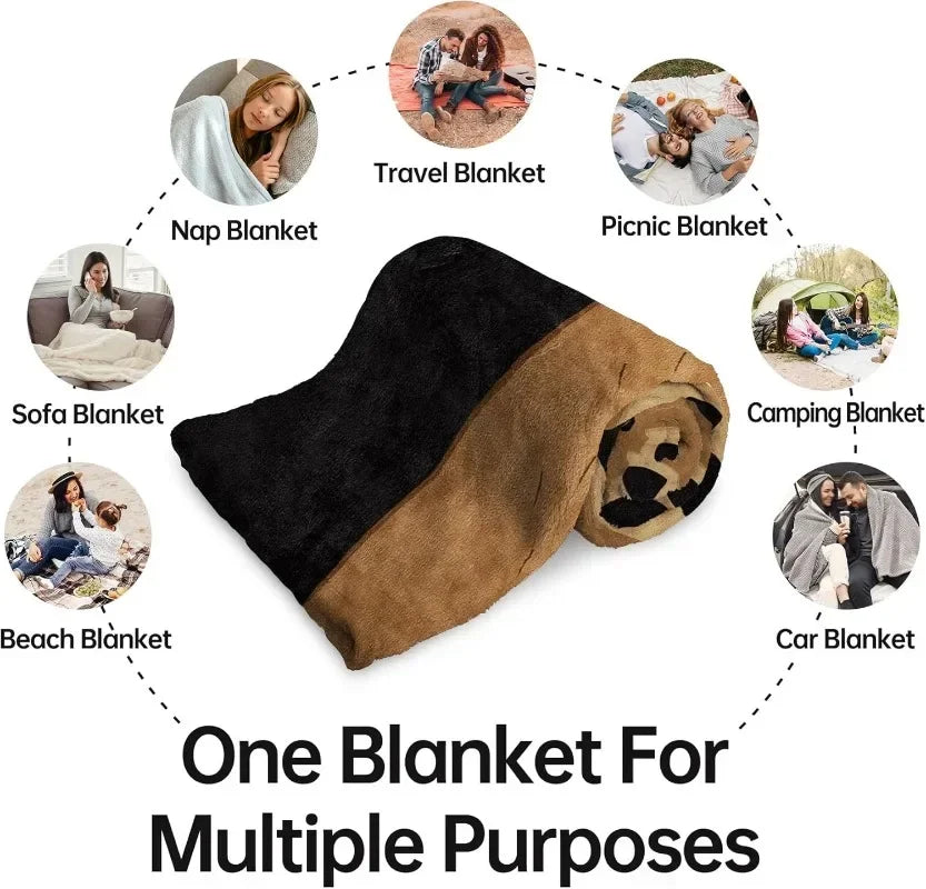 A single, multi-purpose knit blanket shown with various uses including travel, nap, picnic, camping, beach, and car applicati