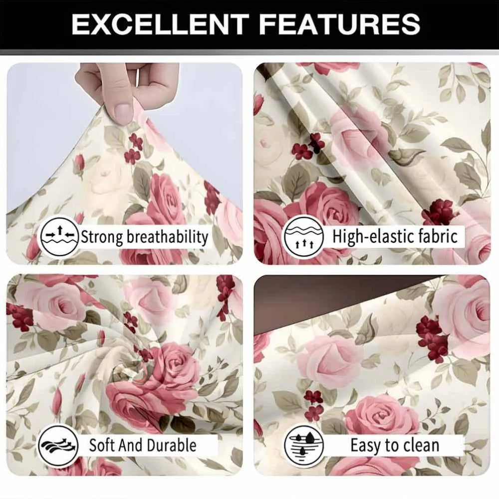 Close-up of elegant watercolor rose stretch fabric showing features like strong breathability, high elasticity, durability, a