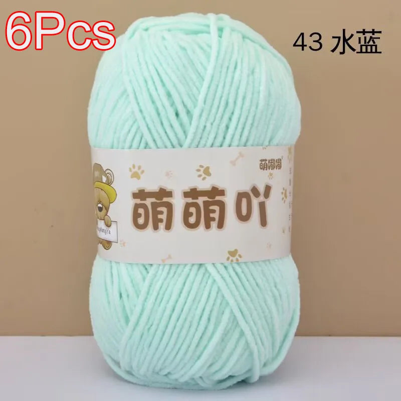 A ball of light mint green chenille yarn labeled as 6 pieces, intended for crochet and knitting projects.