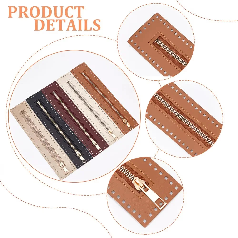 A collection of PU leather zipper frames in various brown and black shades for handmade crochet bags.