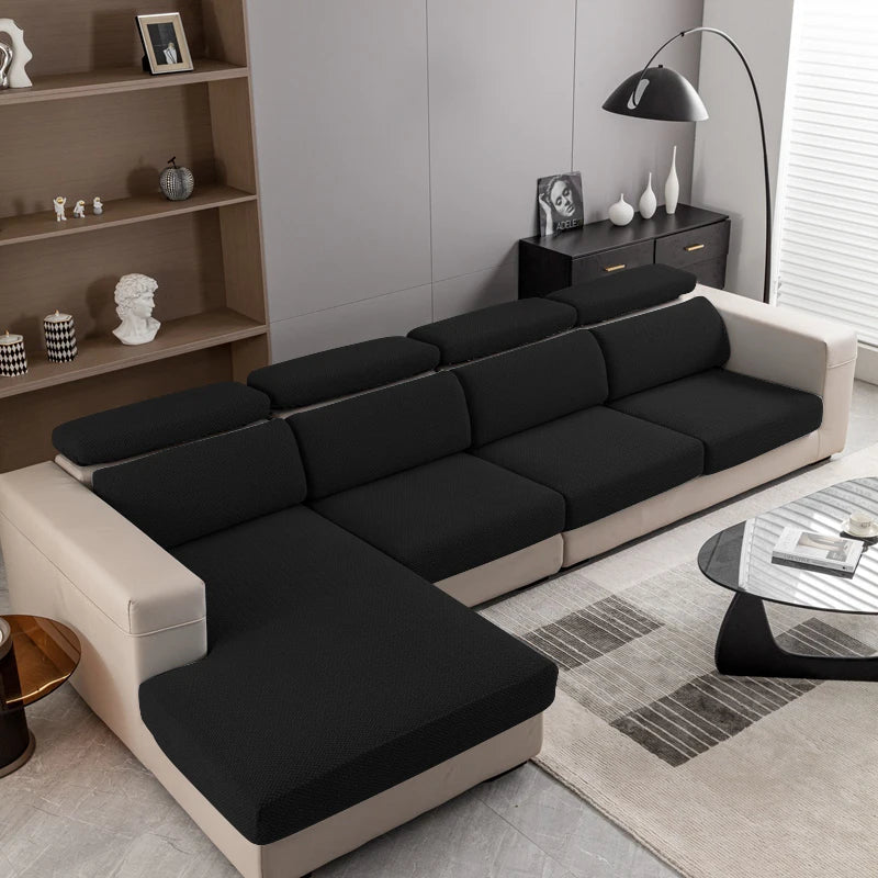 A modern gray sofa with black cushions and light beige trim sits on a rug in a living room setting.