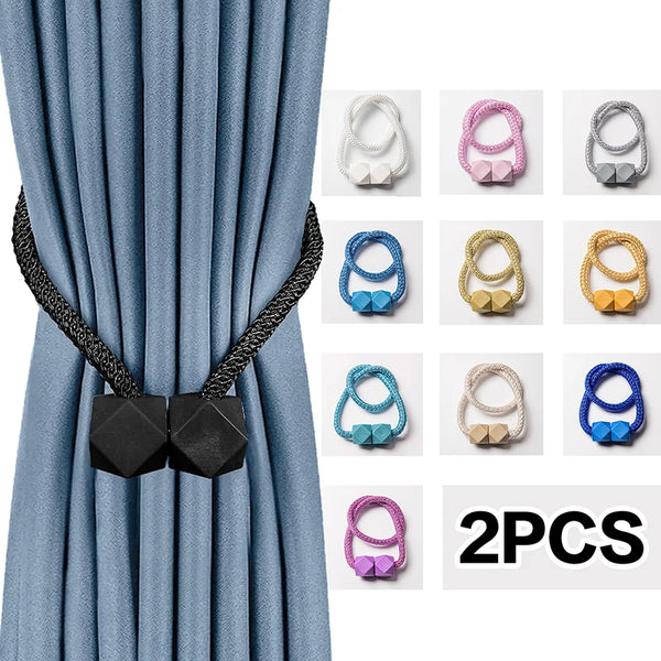 Set of decorative curtain tiebacks featuring strong magnetic rope in various colors and finishes.