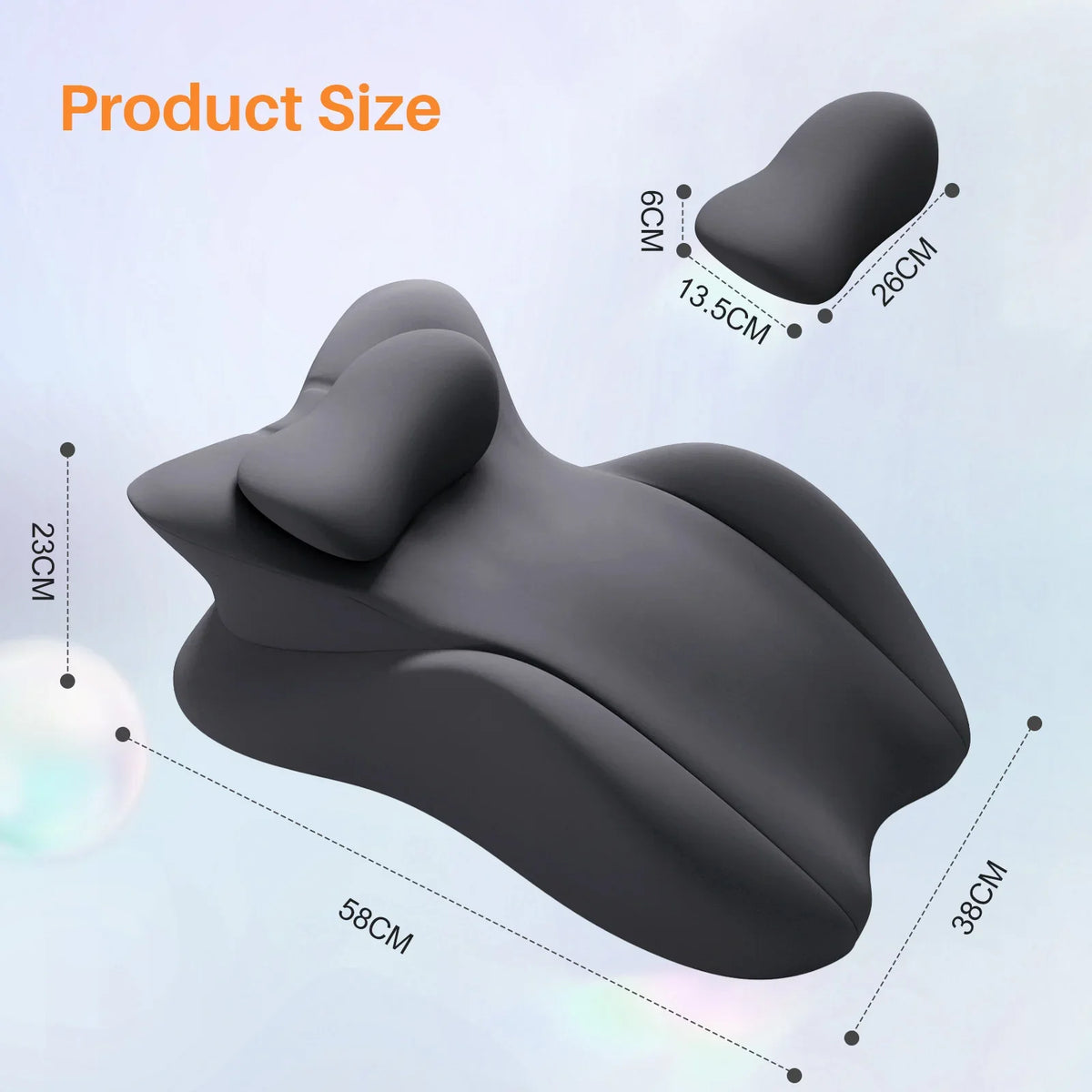 A dark gray ergonomic memory foam wedge pillow shown from the side with dimensions and features.