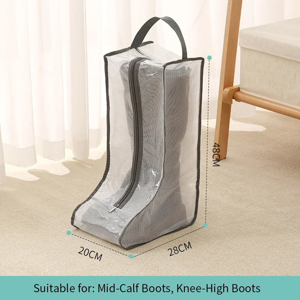 A clear mesh portable boot storage bag with a handle, suitable for mid-calf and knee-high boots.