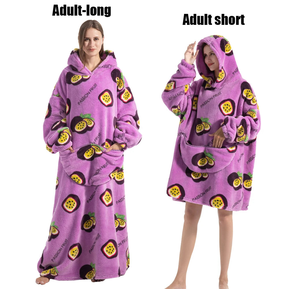A purple adult long fleece blanket hoodie with a passion fruit print and a purple adult short fleece blanket hoodie with a pa