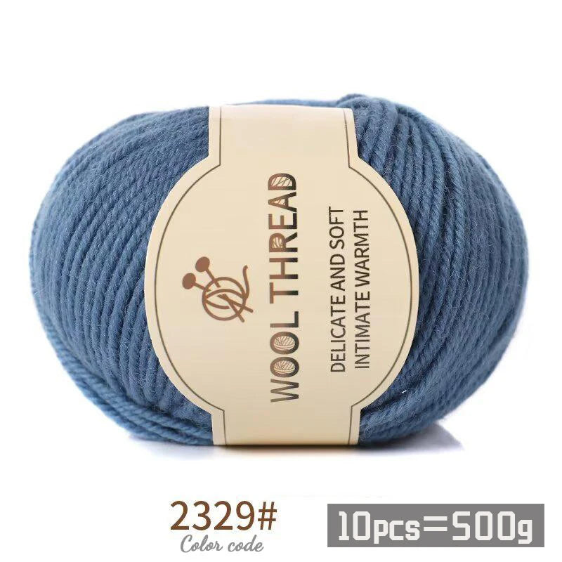 A ball of blue gray wool thread labeled as Wool Thread for knitting with a color code and package information.
